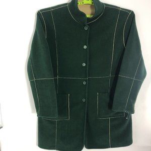 Mens Reversible Fleece Jacket Green Brown Striped Button Mock Neck Pockets XL